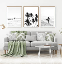 Load image into Gallery viewer, Black and White Surfing Wall Art with Palm Trees and Ocean Beach