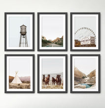 Load image into Gallery viewer, Water Tower, Highway, Ferris Wheel, Tipi, Horses, Canyon 6 Piece Framed Prints