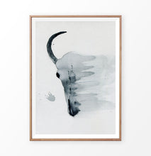 Load image into Gallery viewer, A smudged bull skull watercolor painting print in a frame