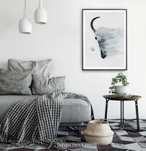 Load image into Gallery viewer, Smudged Bull Skull Watercolor Print in Black and White