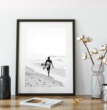 Load image into Gallery viewer, Surfer Walking on Beach Black and White Print
