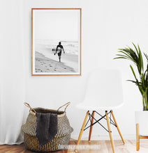 Load image into Gallery viewer, Surfer Walking on Beach Black and White Print