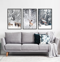 Load image into Gallery viewer, Framed Set of 3 Winter Forest Sheep, Deer and House Wall Art
