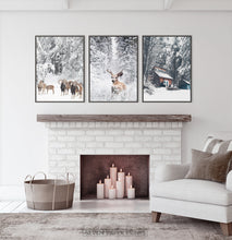 Load image into Gallery viewer, Framed Lovely 3-Piece Set Of Winter Forestside Posters above the fireplace