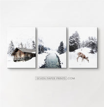 Load image into Gallery viewer, Icy River, Coutry House And Deer 3 Piece Photo Art Canvases