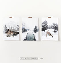 Load image into Gallery viewer, Snowy Country River, House, And Deer - Unframed Set of 3 Photo Prints