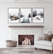 Load image into Gallery viewer, Black-Framed Set of 3 Photo Prints above the fireplace