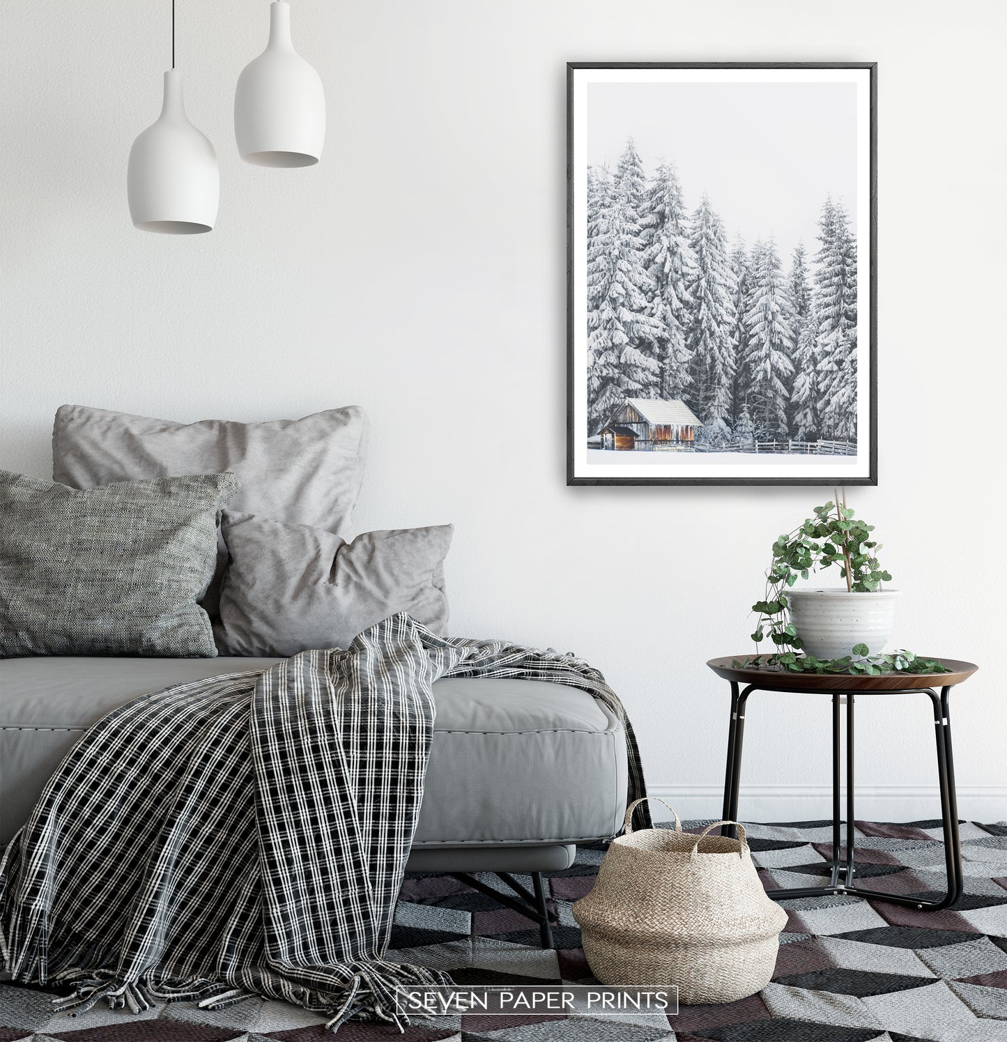 Black-framed in a gray&white bedroom