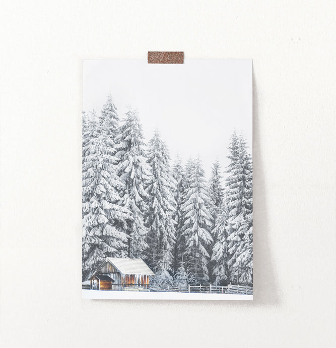 Snowy Spruce Forest Little House Wall Art