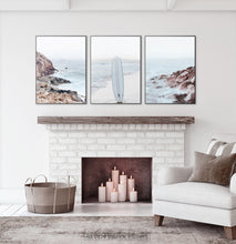 Load image into Gallery viewer, Surfboard on the Beach. Neutral Blue 3 Piece Wall Art