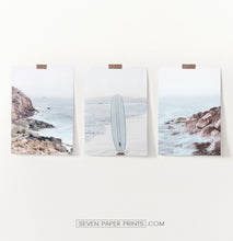 Load image into Gallery viewer, Surfboard on the Beach. Neutral Blue 3 Piece Wall Art