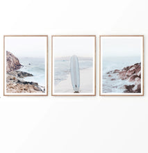 Load image into Gallery viewer, Surfboard on the Beach. Neutral Blue 3 Piece Wall Art