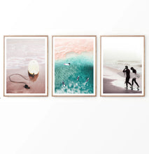 Load image into Gallery viewer, Couple surfing. Large 3 piece poster by Tanya Shumkina