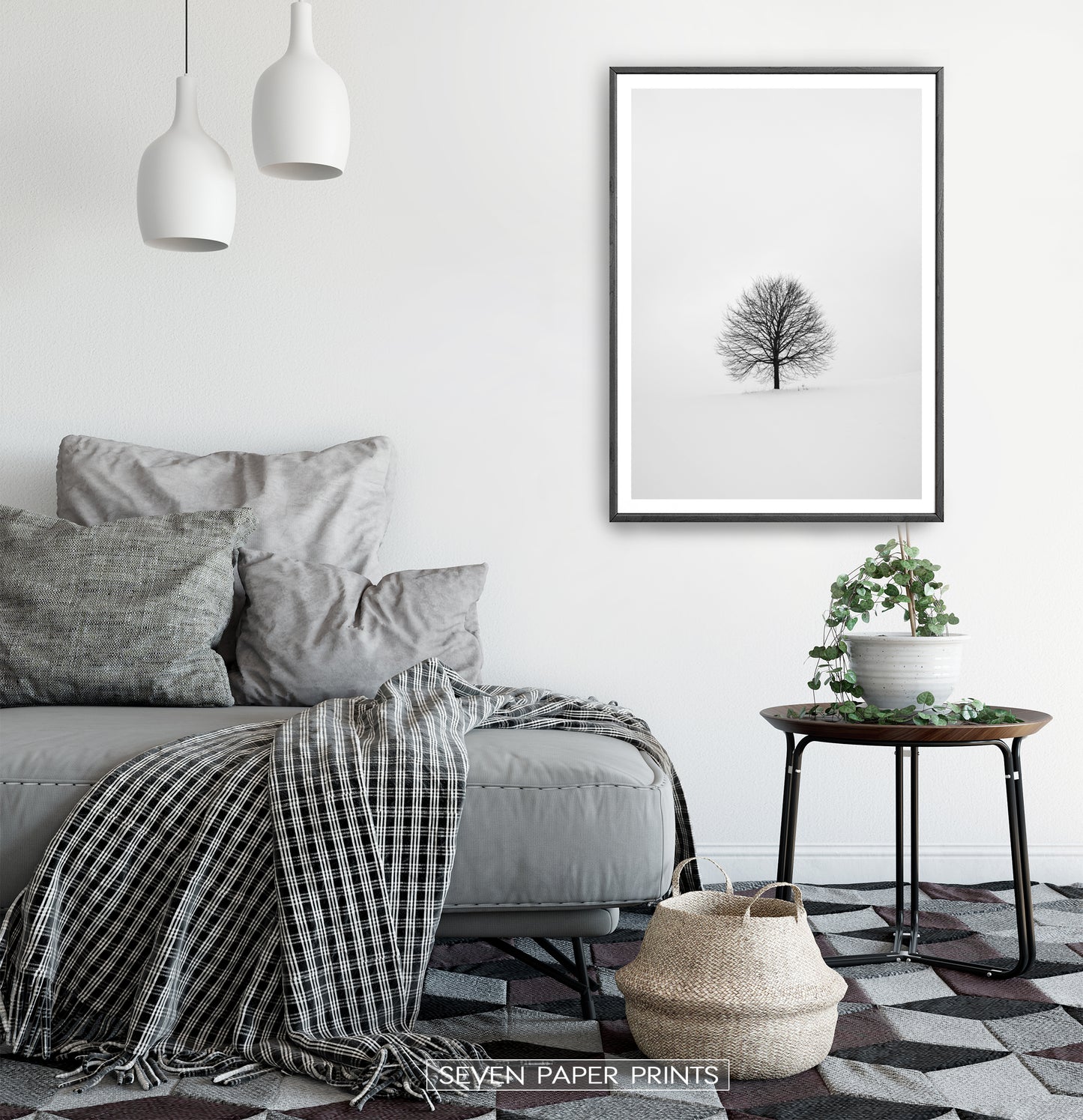 Tree On Snowy Field Black And White Photo Art