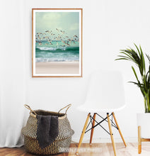 Load image into Gallery viewer, Flying Seagulls Coastal Print with Green Water Waves