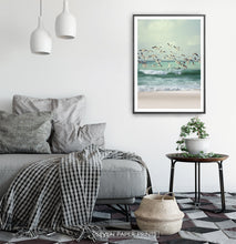Load image into Gallery viewer, Flying Seagulls Coastal Print with Green Water Waves