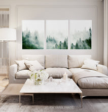 Load image into Gallery viewer, Set of 3 Foggy Forest Prints with Green Pine Trees