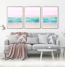 Load image into Gallery viewer, Pink Coastal Wall Art Set of 3 Prints with Ocean Beach Photo