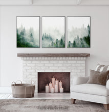 Load image into Gallery viewer, Set of 3 Foggy Forest Prints with Green Pine Trees