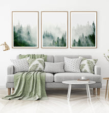 Load image into Gallery viewer, Set of 3 Foggy Forest Prints with Green Pine Trees