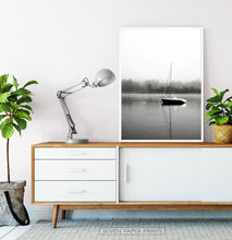 Load image into Gallery viewer, Foggy Forest Lake Sailing Photo Print
