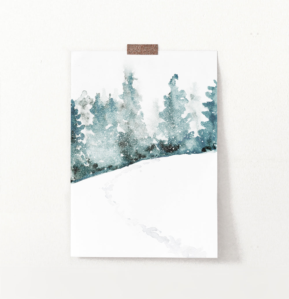 Snowy Hill Traces In Forest Watercolor Wall Decor