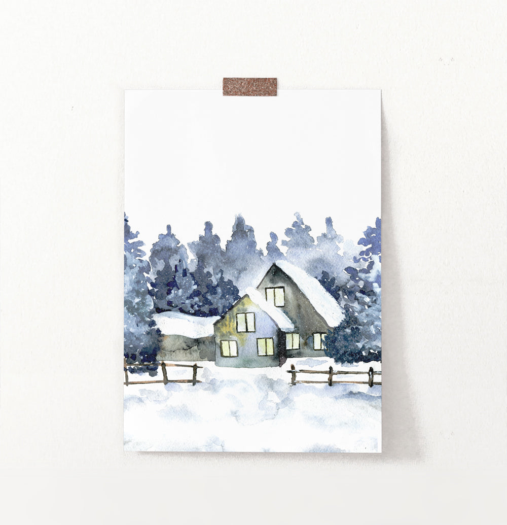 Snowy Village Houses Watercolor Painting Poster