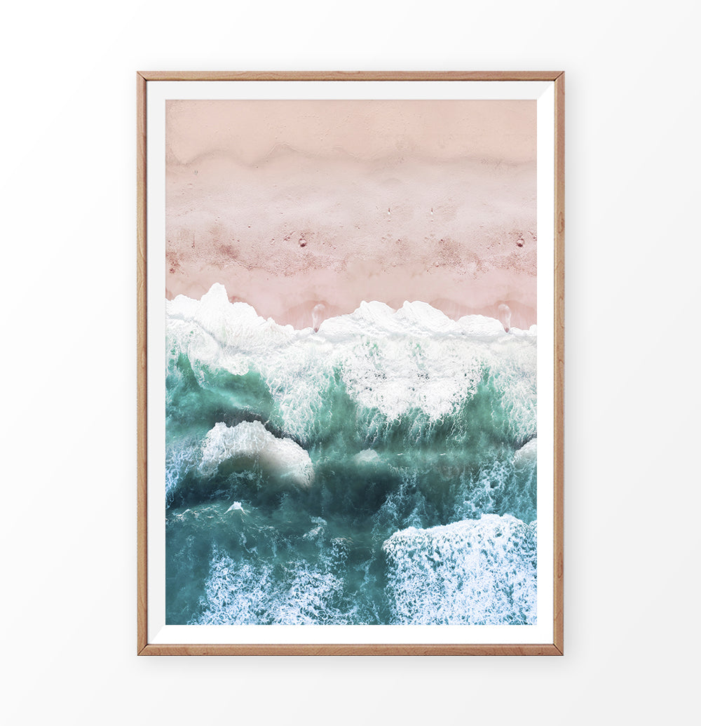 Pink Beach and Green Sea Water Aerial Photography Wall Art