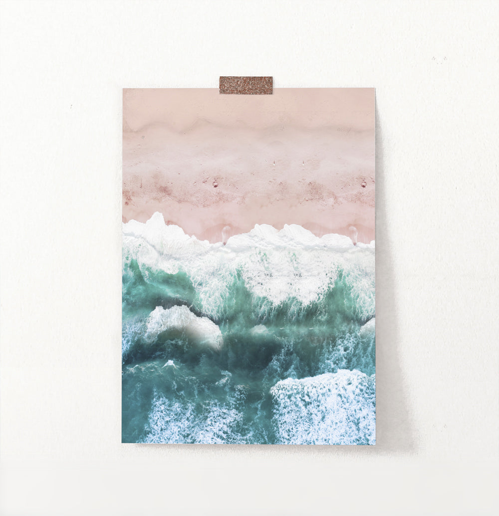 Pink Beach and Green Sea Water Aerial Photography Wall Art