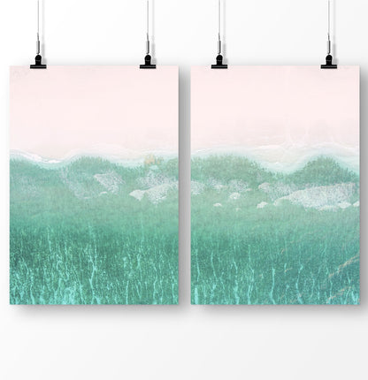 Coastal Decor, Turquoise Wave Print, Set of 2 Prints, Ocean Beach Poster, Pink Beach Wall Art, Blue Ocean Print Diptych