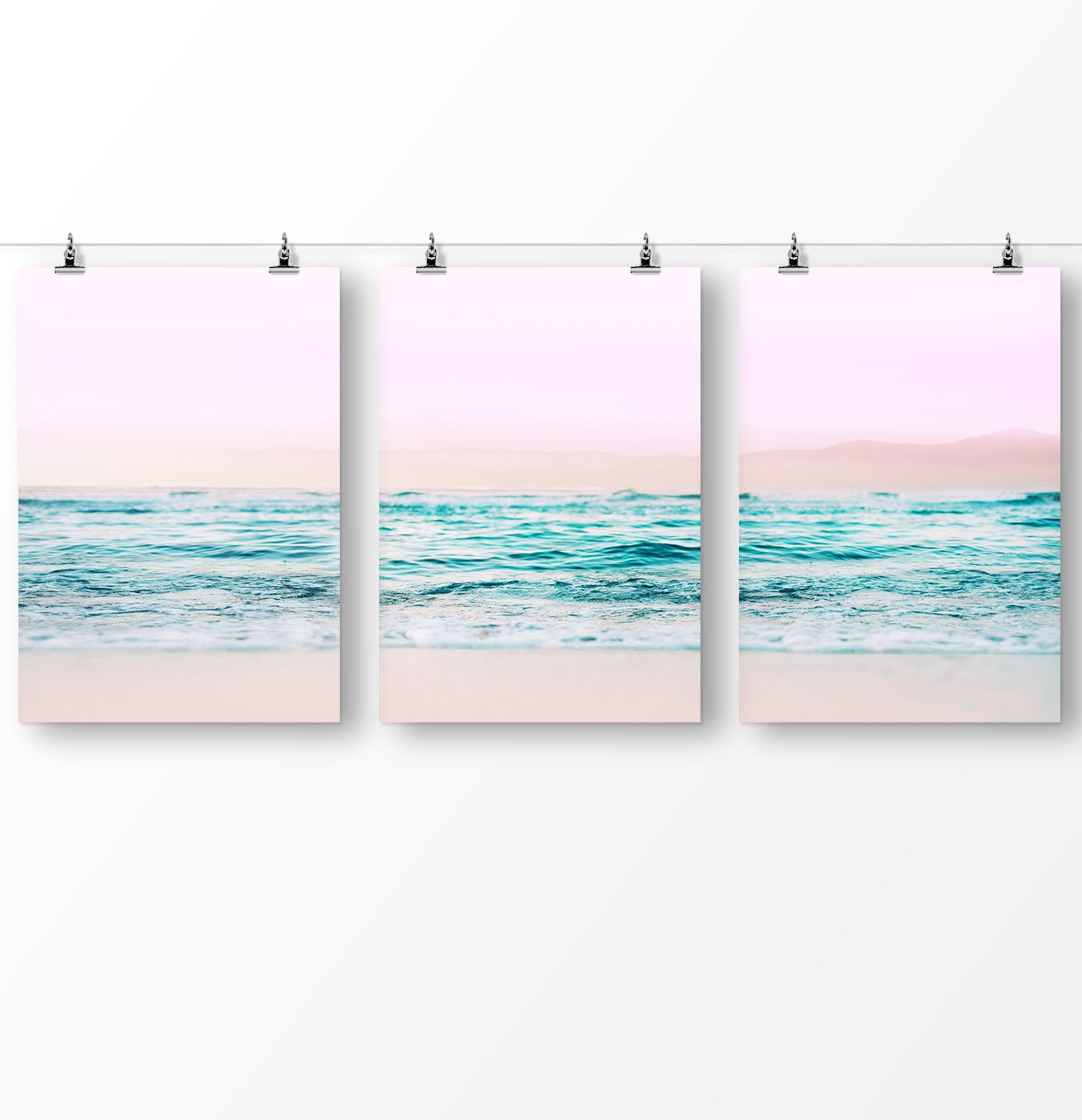 Blue water artwork, pink wall art, ocean waves, ocean photography, Pink beach triptych