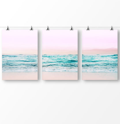 Blue water artwork, pink wall art, ocean waves, ocean photography, Pink beach triptych