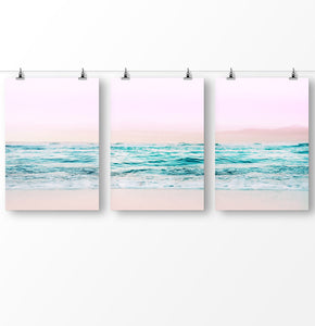 Blue water artwork, pink wall art, ocean waves, ocean photography, Pink beach triptych