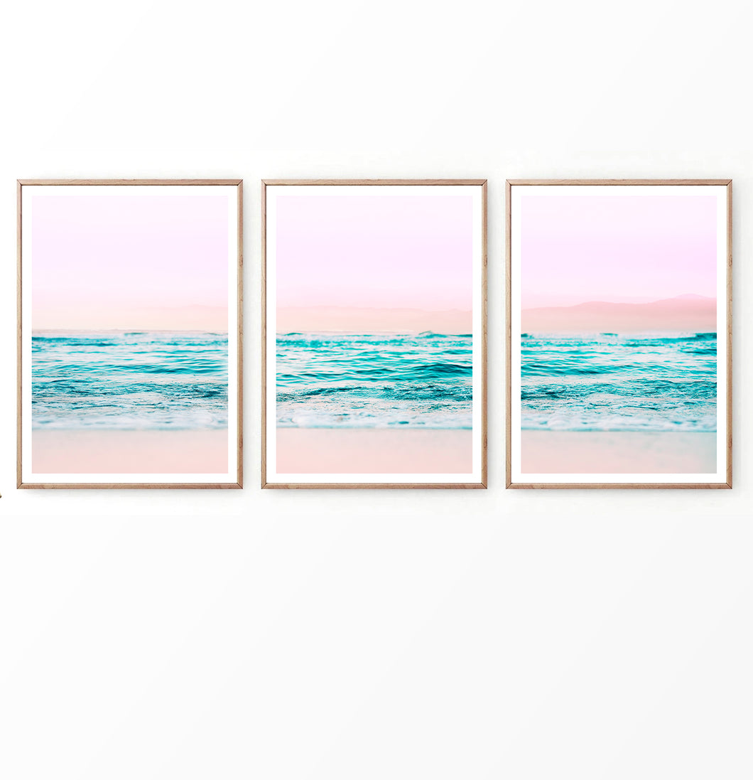 Pink Sunset on Turquoise Waves Beach Photo Set of 3