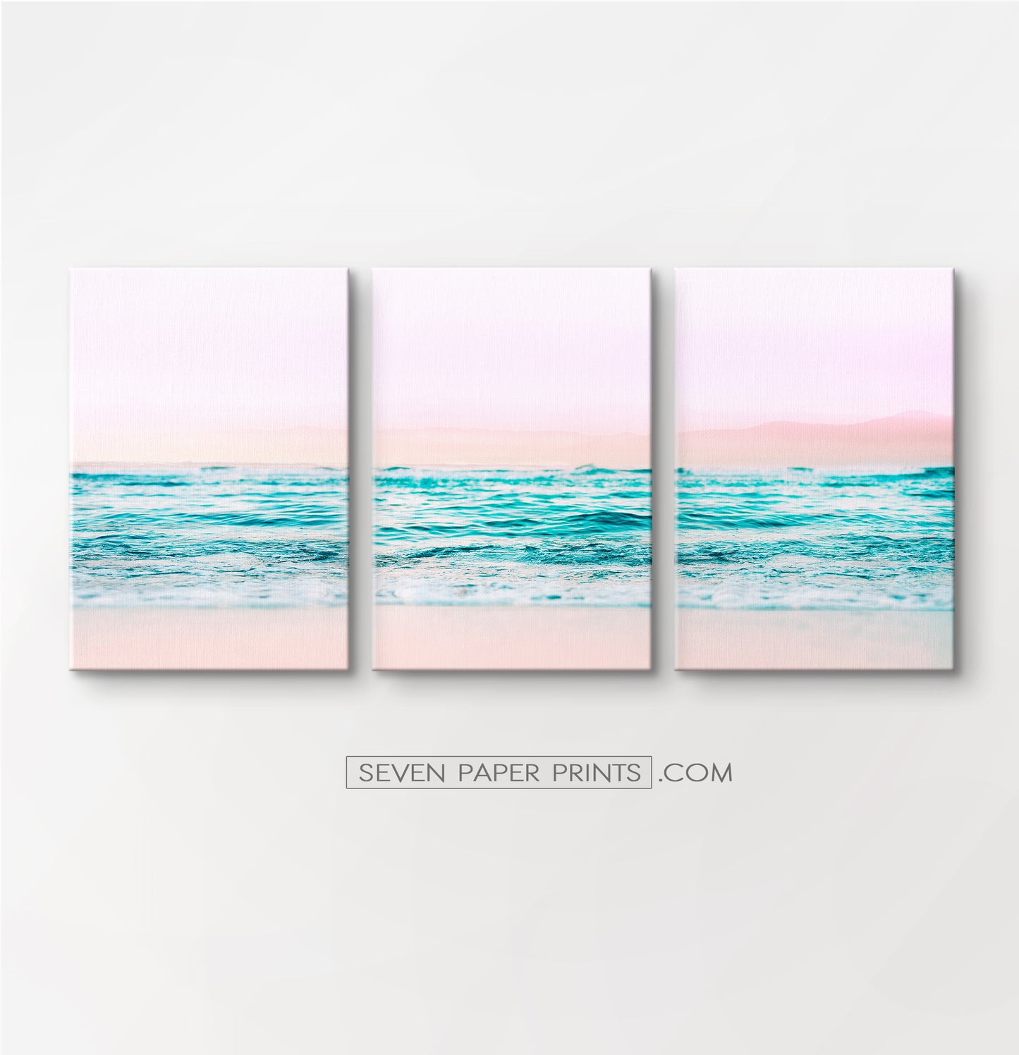 Pink beach and blue waves canvas set of 3 #133