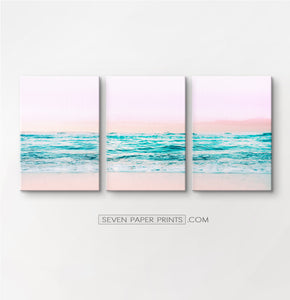 Pink beach and blue waves canvas set of 3 #133