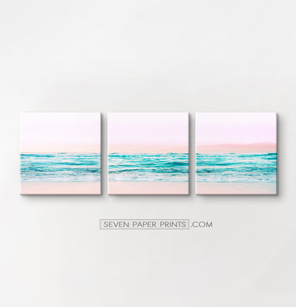 Pink beach and blue waves canvas set of 3 #133