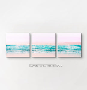 Pink beach and blue waves canvas set of 3 #133