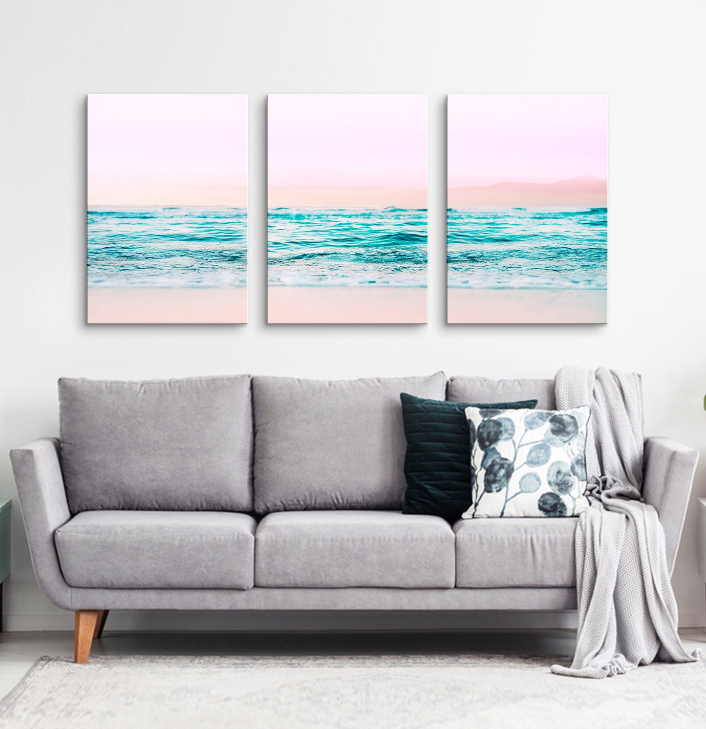 Pink beach and blue waves canvas set of 3 #133