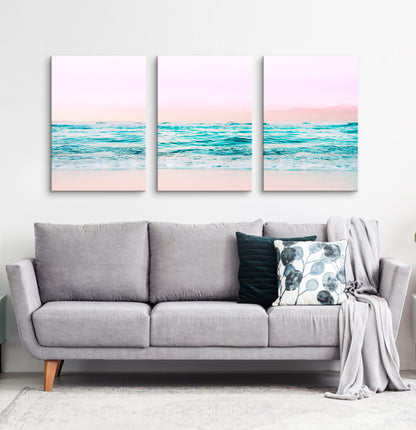 Pink beach and blue waves canvas set of 3 #133
