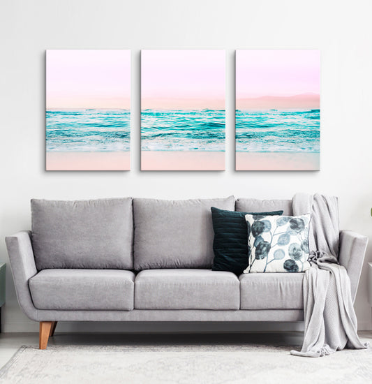 Pink beach and blue waves canvas set of 3 #133