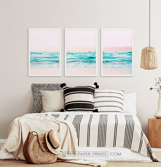 Three photo prints of an azure ocean
