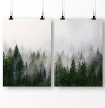 Load image into Gallery viewer, Set of 2 forest art prints, pine tree poster, green forest art, green landscape, foggy nature
