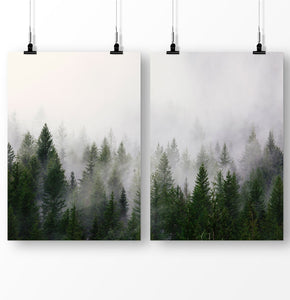 Set of 2 forest art prints, pine tree poster, green forest art, green landscape, foggy nature