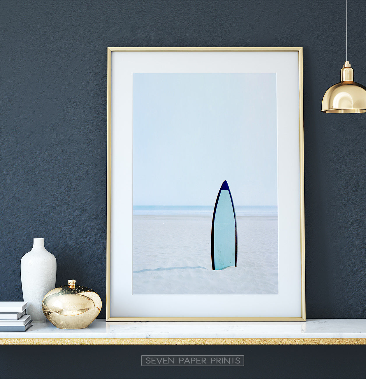 Blue Surfboard Stuck Upright in the Sand Wall Art