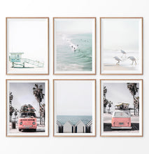 Load image into Gallery viewer, California Travel Wall Art Set. Lifeguard Tower, Surfers on a Wave, Seagulls, VW bus, cabins
