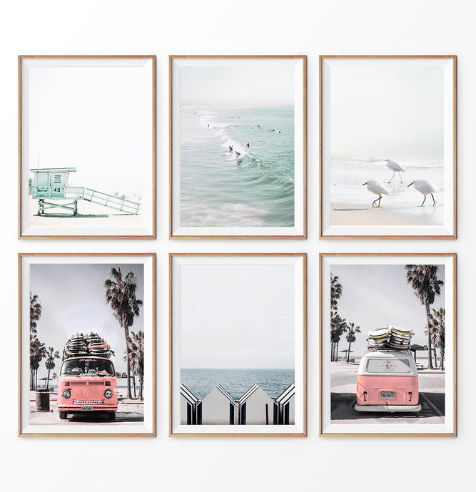 California Travel Wall Art Set. Lifeguard Tower, Surfers on a Wave, Seagulls, VW bus, cabins