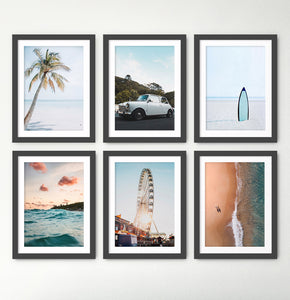 Ferris Wheel, Palm, Waves, Surf Board - Coastal Set Of 6 Framed Wall Art