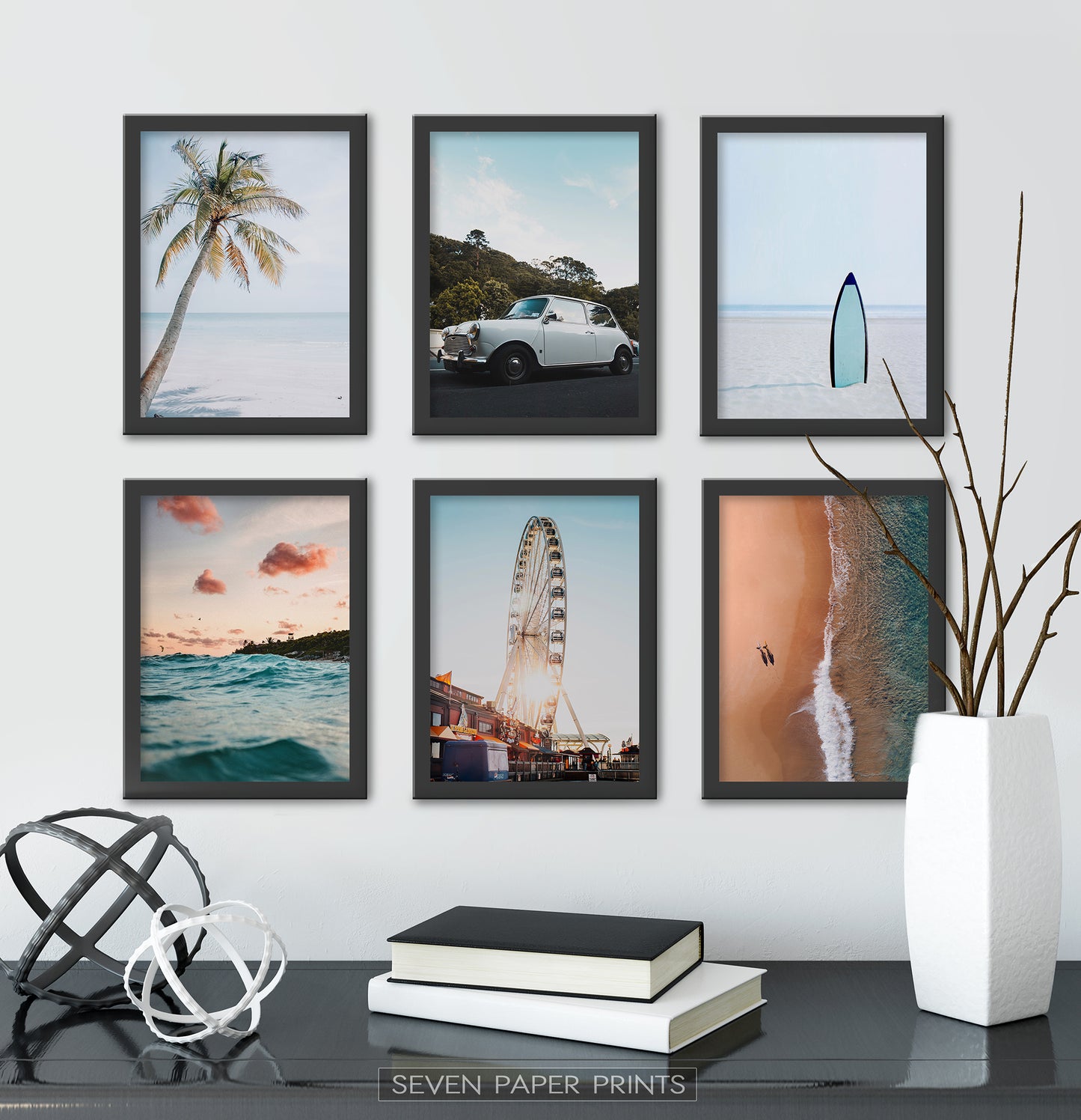 Set of 6 Black-framed posters above the black shelf