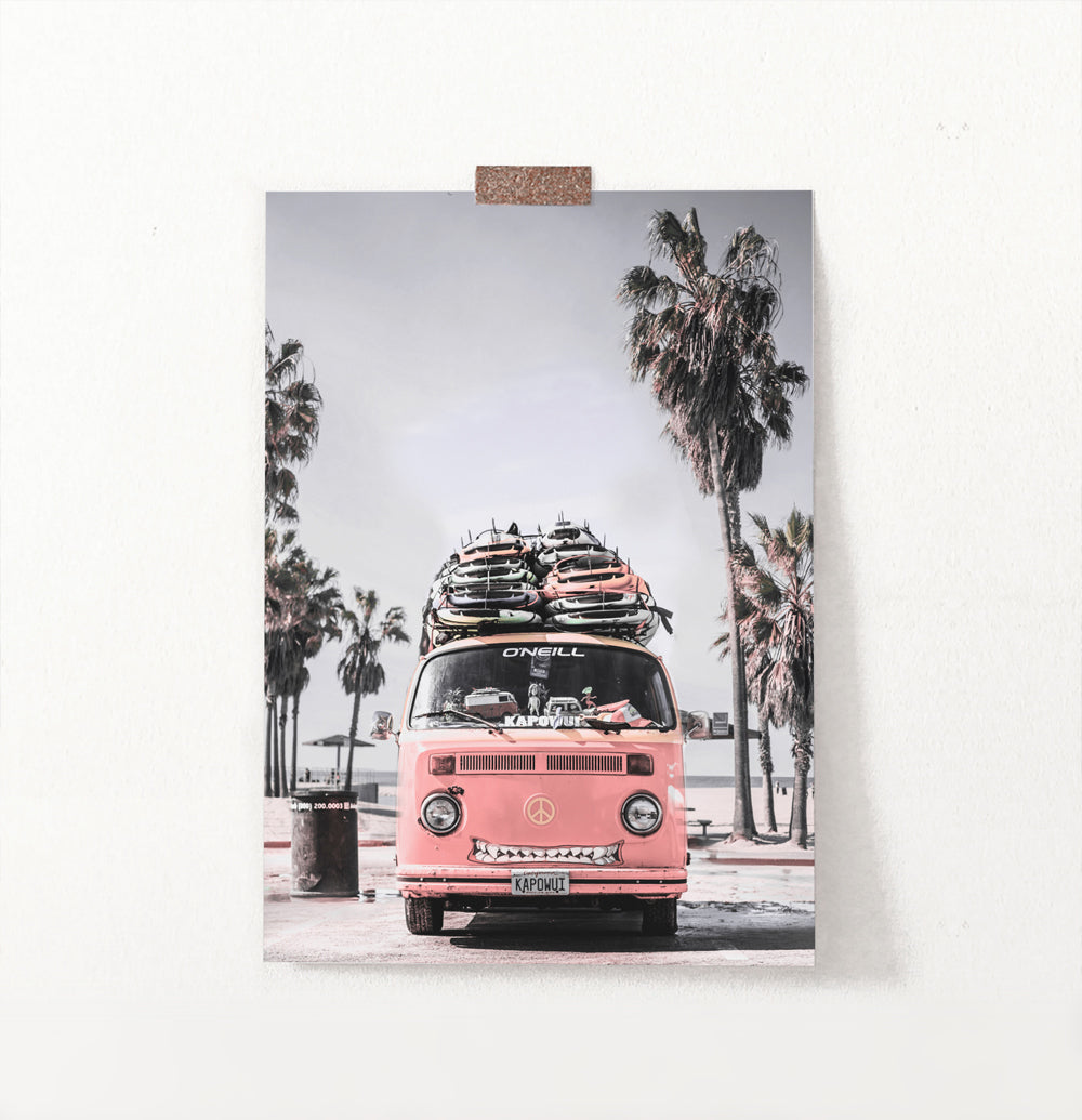 VW Pink Retro Bus Art Print with Front View